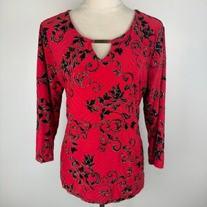 JW Collection Womens Red Black Gold Glitter Floral 3/4 Sleeve Top Gold Bar Sz LG